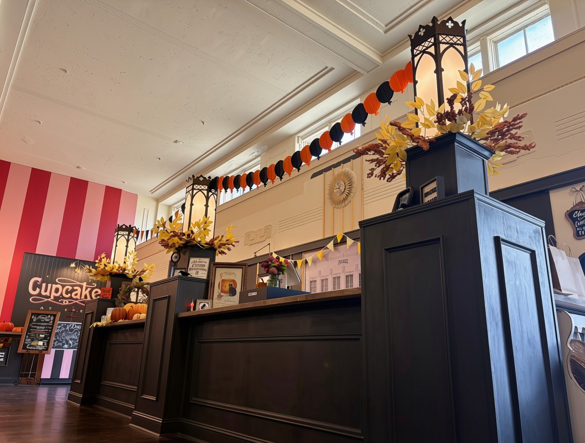 The Kress counter dressed for fall, with lanterns, autumn leaves and pumpkins