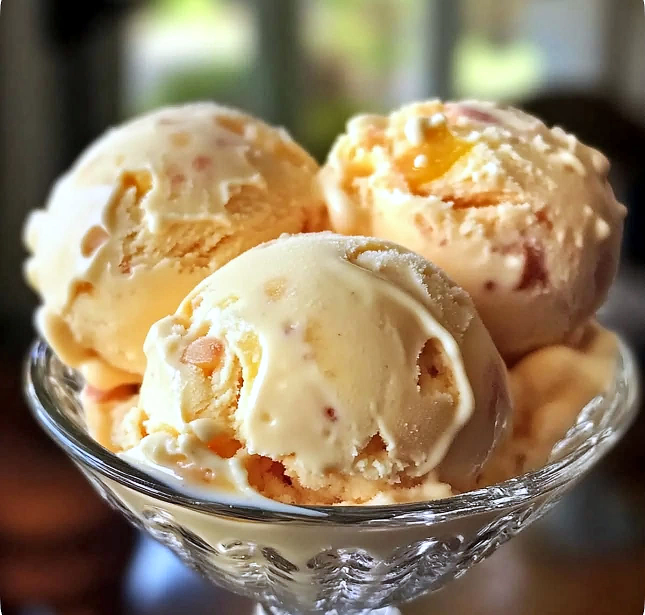 Peach ice cream in a glass dish at the lunch counter