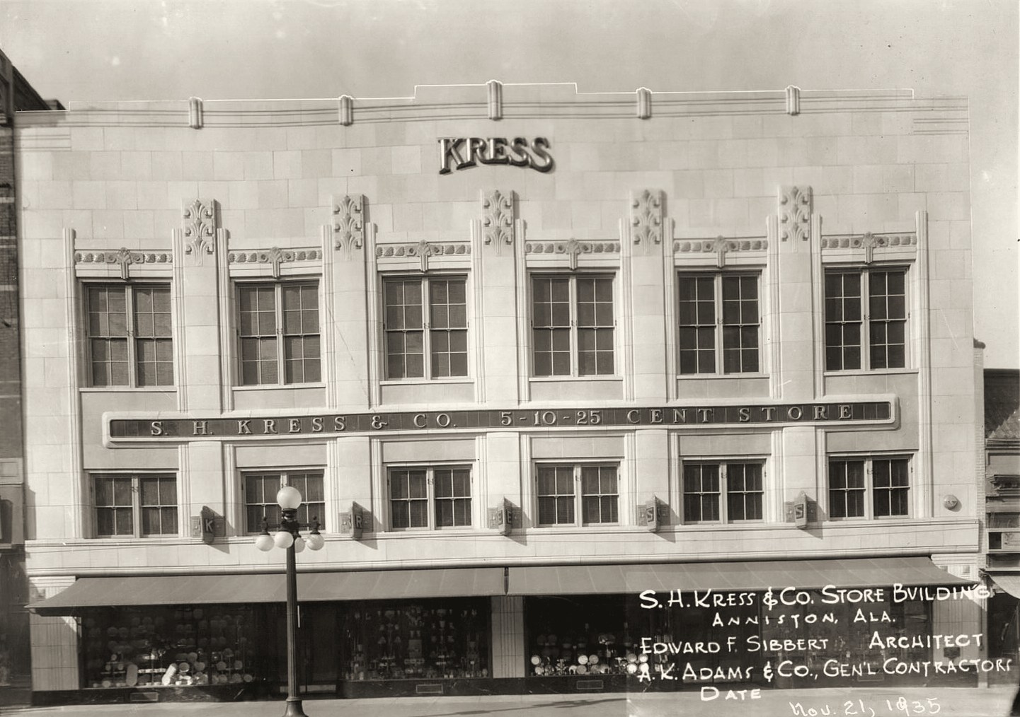 The new S. H. Kress & Co. store on Noble Street, photographed November 21, 1935, with the 5-10-25 Cent Store lettering across the front